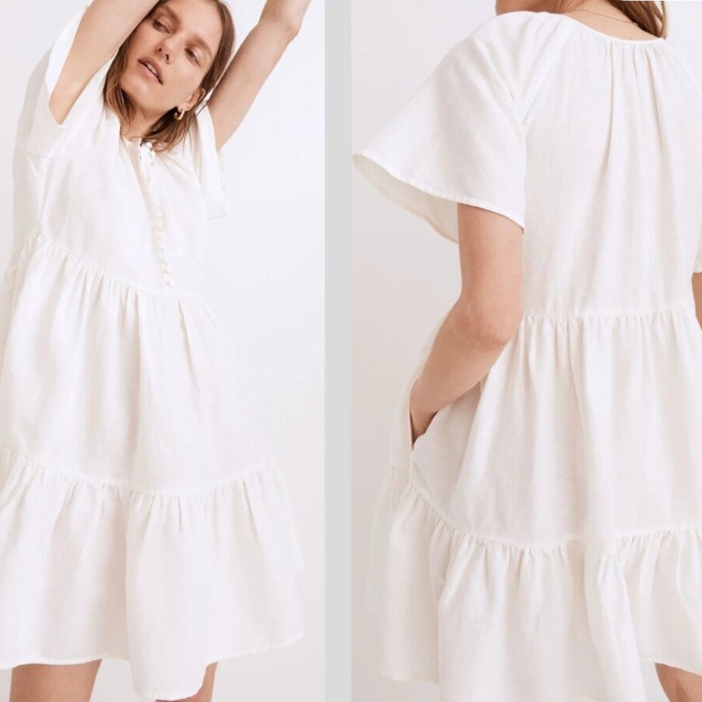 Madewell Linen Flutter Sleeve White Tiered Mini Dress, Size S